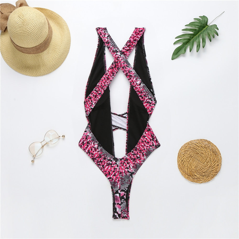 Neon Snake Bandage Cut Out Thong Swimsuit  Sunset and Swim   