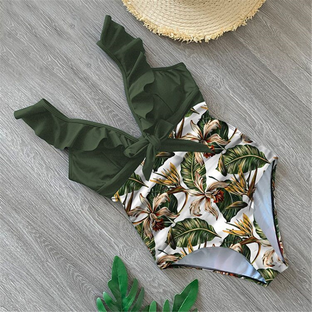 Flirty Elegance Ruffle Ruched Waist One Piece Swimsuit  Sunset and Swim Green/White S 
