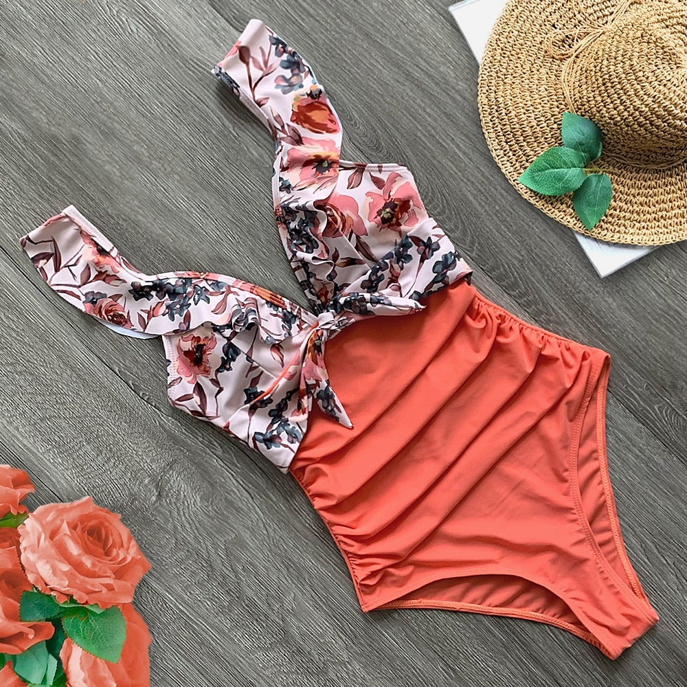 Flirty Elegance Ruffle Ruched Waist One Piece Swimsuit  Sunset and Swim Coral S 