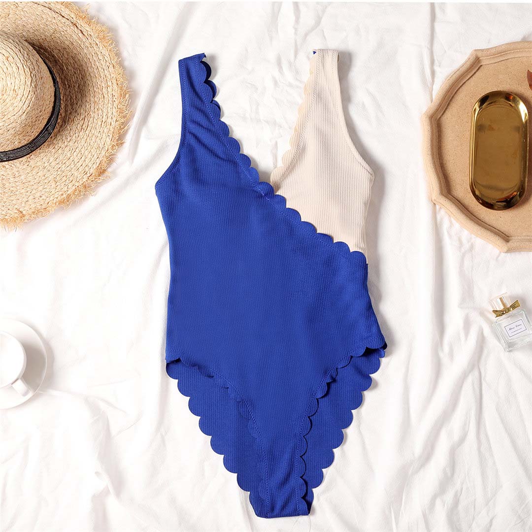 Sexy Scalloped One Piece Swimsuit  Sunset and Swim Blue Beige XS 