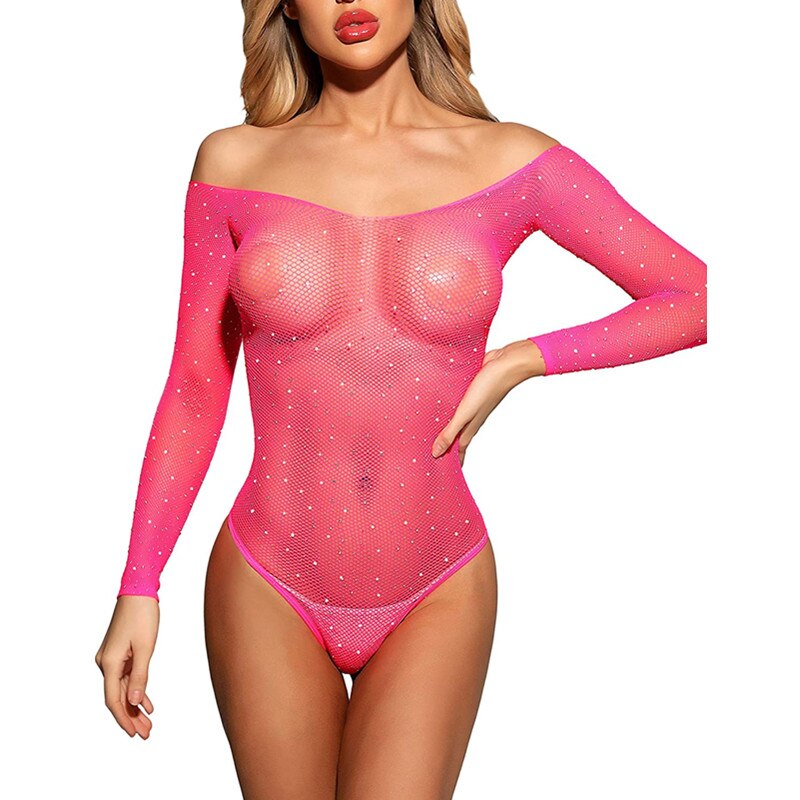 Sexy Sheer Rhinestone Bodysuit  Sunset and Swim 18-pink One Size 