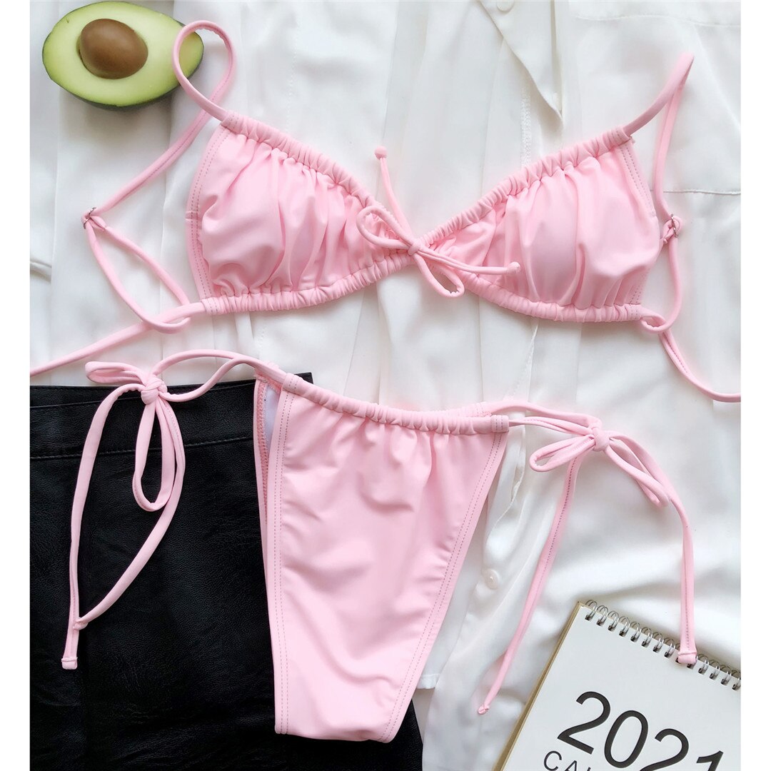Palm Springs Wrinkled Ruched Brazilian Thong Bikini  Sunset and Swim Pink S 