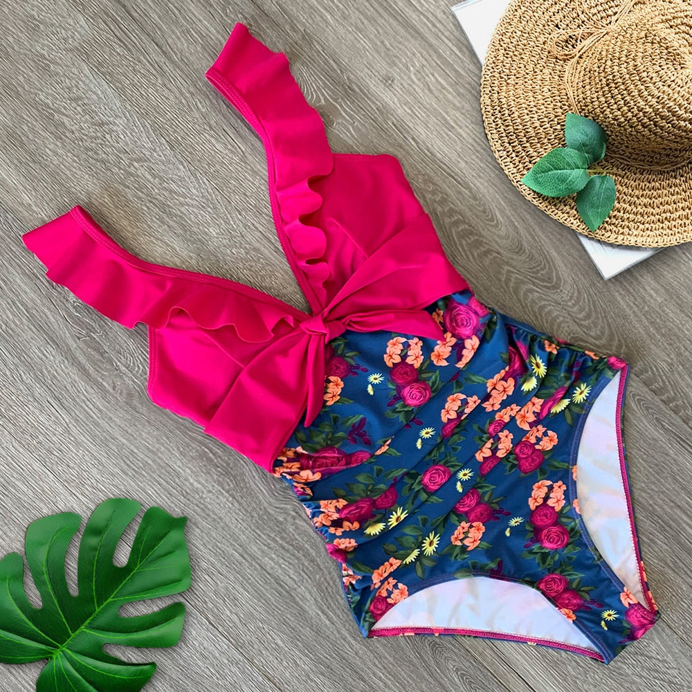 Flirty Elegance Ruffle Ruched Waist One Piece Swimsuit  Sunset and Swim Hot Pink S 
