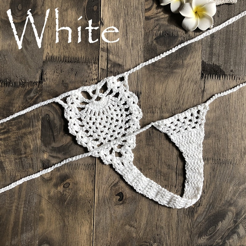 Mini Micro See Through G-strings Crochet Bikini Thongs  Sunset and Swim White M 