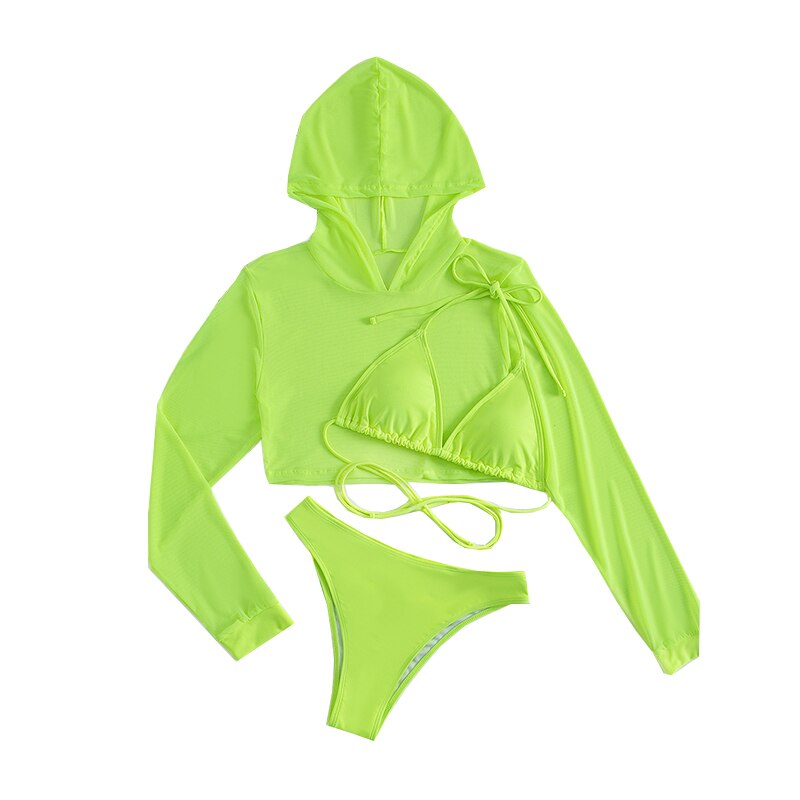 Sexy Neon 3 Piece Bikini set with Cover Up Hoodie Crop Top  Sunset and Swim Green S 
