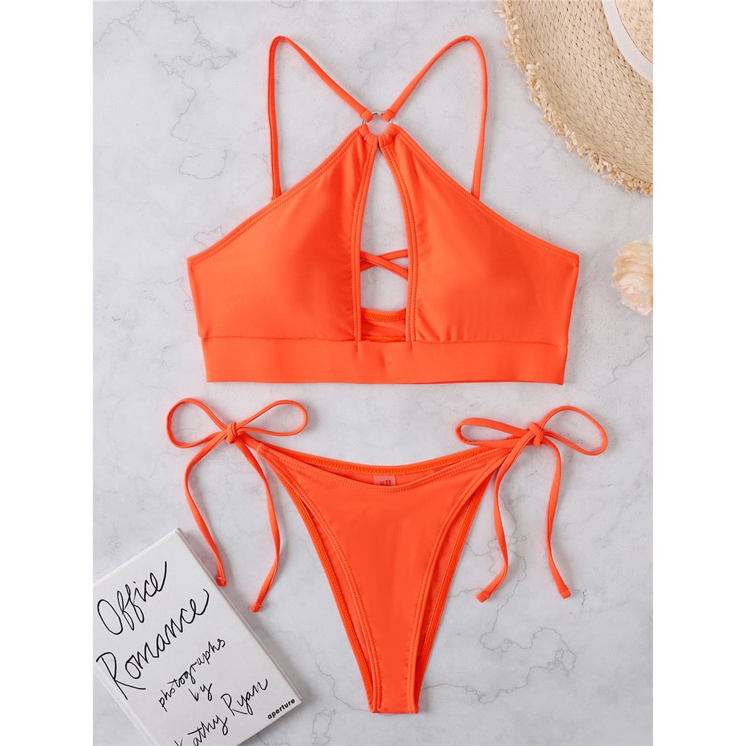 Hot AZ Swimwear - Crop Top with Ties and Underboob Cutout Bikini Top