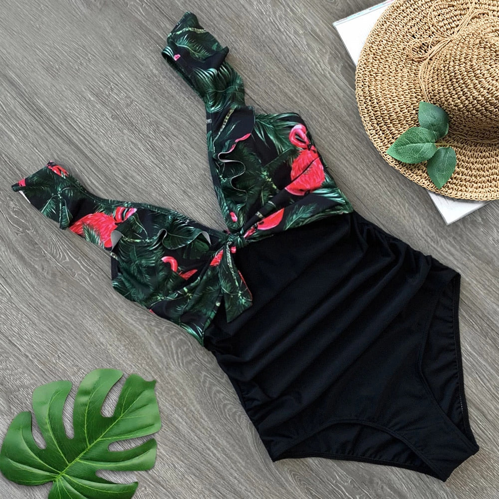 Flirty Elegance Ruffle Ruched Waist One Piece Swimsuit  Sunset and Swim Green/Black S 