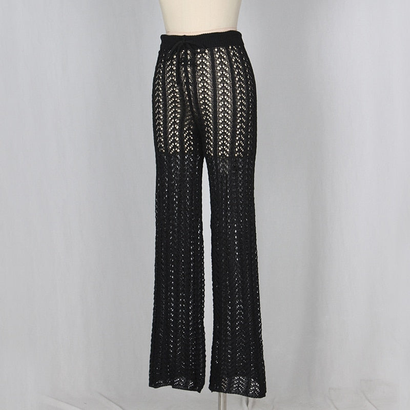 Sunset and Swim Hollow Out Crochet Knitted Drawstring Sexy Beach Cover Up Pants  Sunset and Swim   