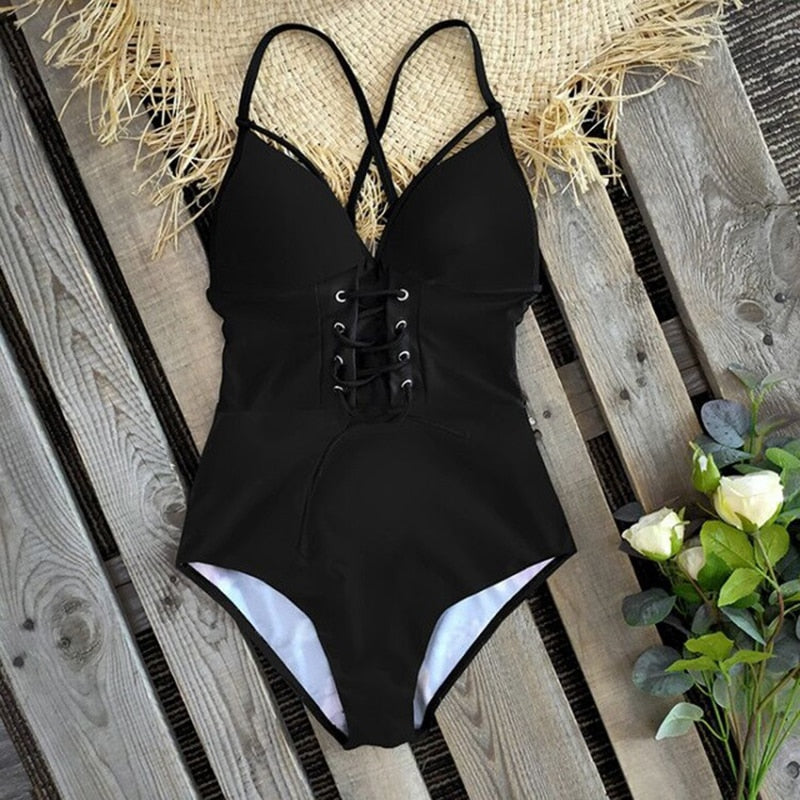 Lace Up Corset Back One Piece Swimsuit, Swimsuits