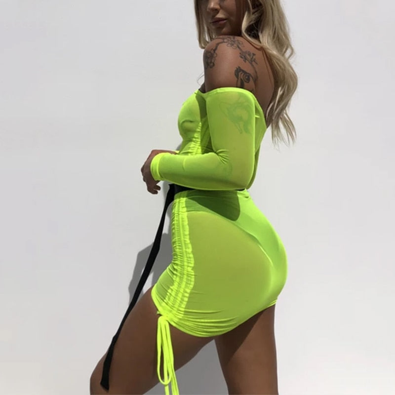 Stolen Hearts Mesh Neon Bodycon Beach Cover Up Dress  Sunset and Swim Green S 