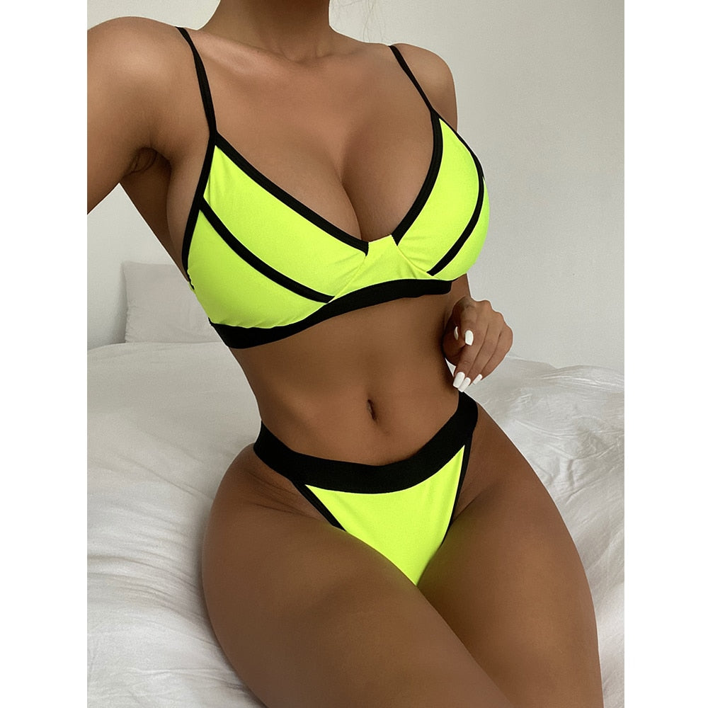 New Sexy Splicing Two Piece Bikini Set  Sunset and Swim Fluorescent Green S 