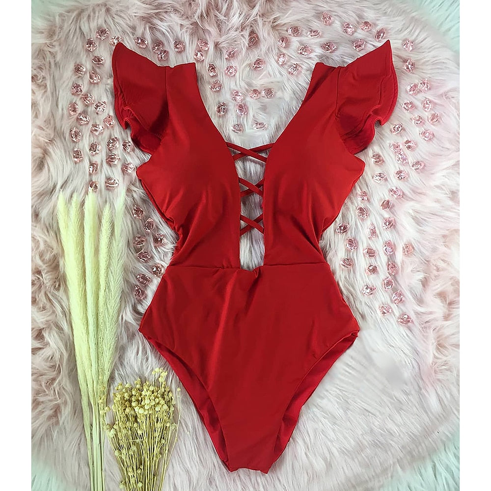 Beautiful Ruffle Deep V Neck One Piece Swimsuit  Sunset and Swim Red S 