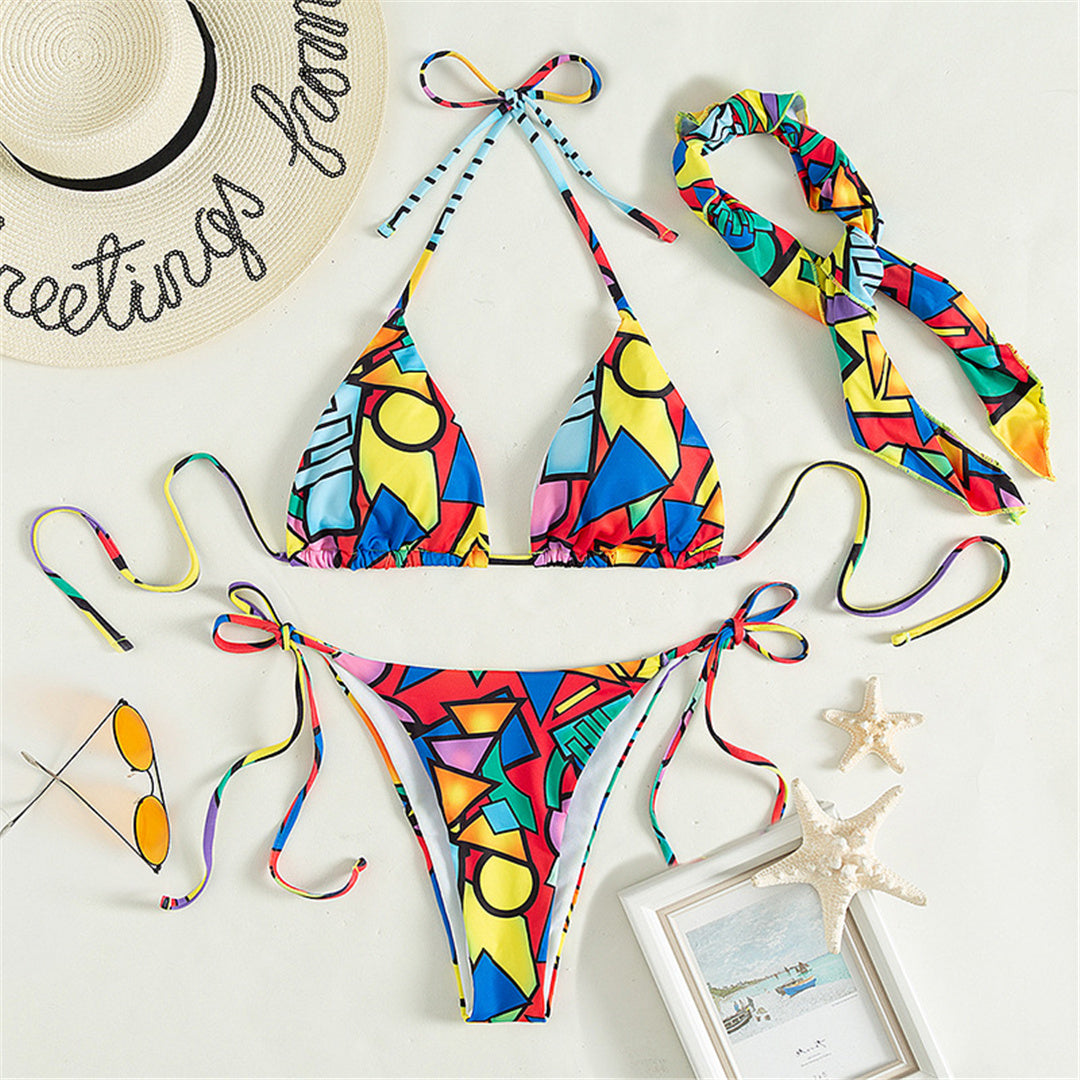 Miami Weekend 3 piece Cheeky Halter Bikini with matching Scarf Sunset and Swim   