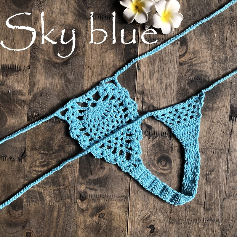 Mini Micro See Through G-strings Crochet Bikini Thongs  Sunset and Swim Sky Blue M 