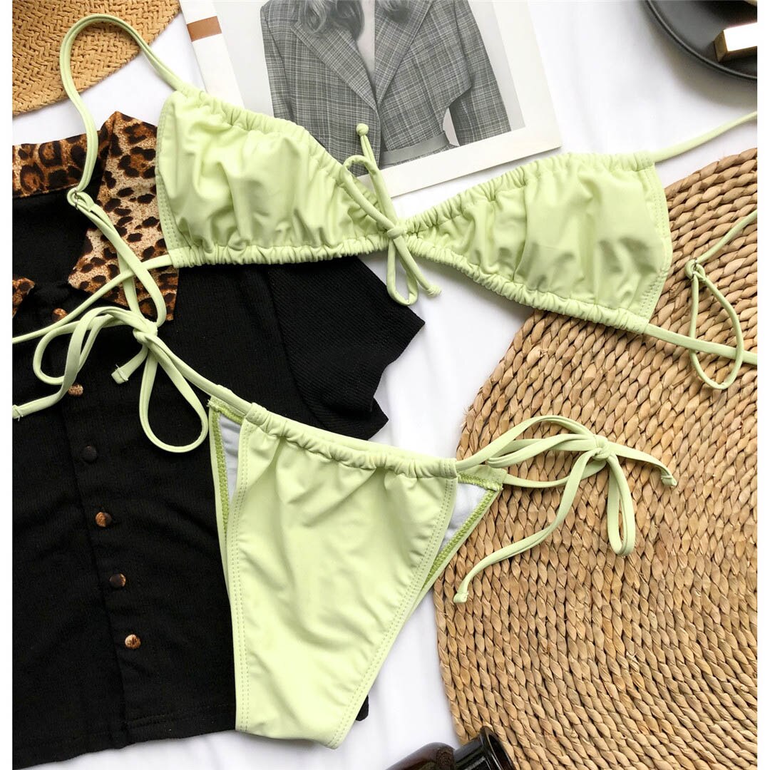Palm Springs Wrinkled Ruched Brazilian Thong Bikini  Sunset and Swim green S 
