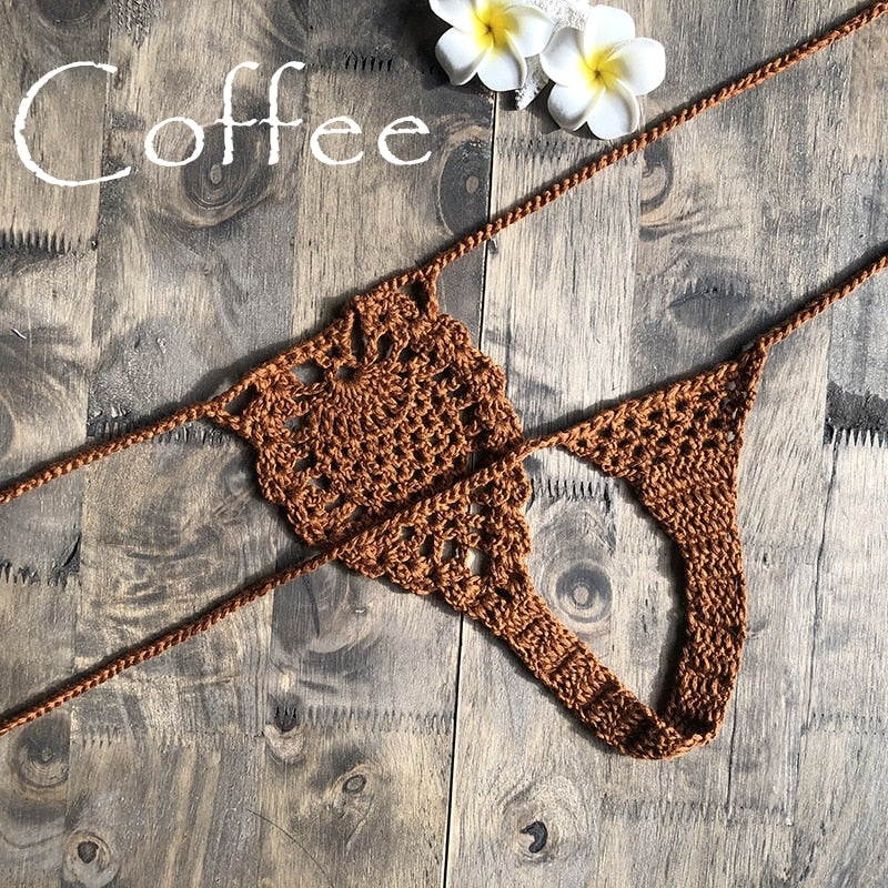 Mini Micro See Through G-strings Crochet Bikini Thongs  Sunset and Swim Coffee M 