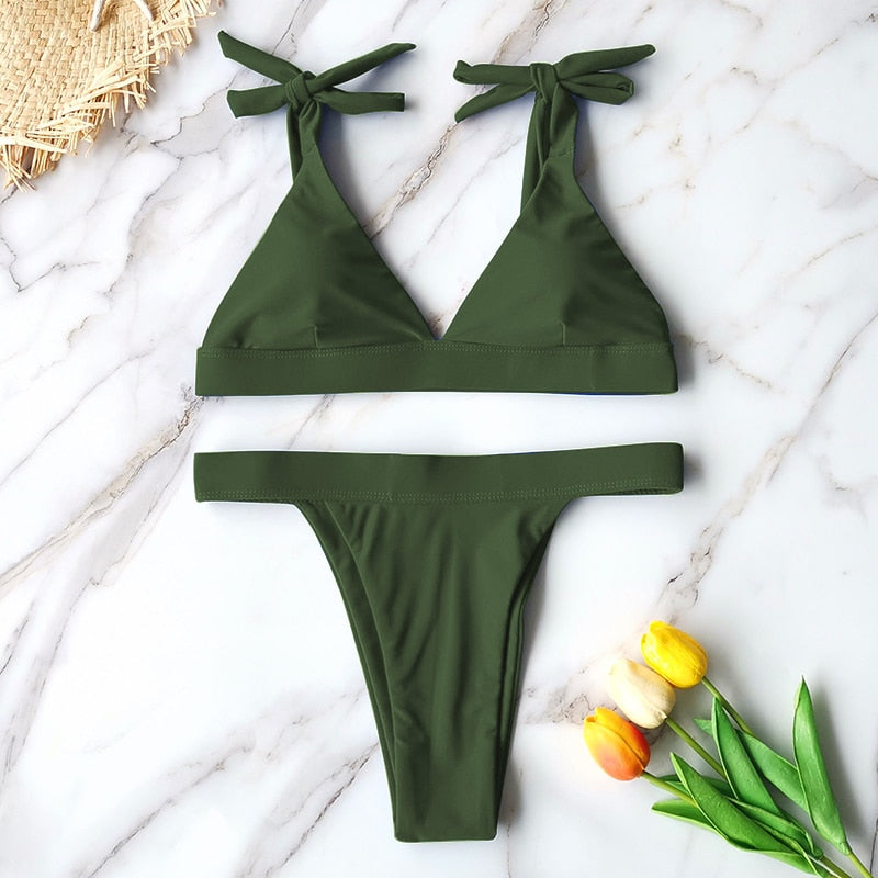 Playful Brazilian Bandage High Cut Bikini  Sunset and Swim Army Green S 