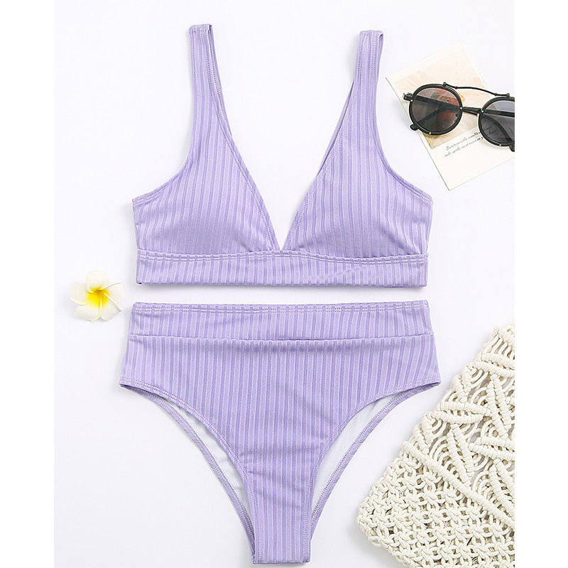 Sunset and Swim Modest Solid High Waist Ribbed Bikini  Sunset and Swim Purple S 