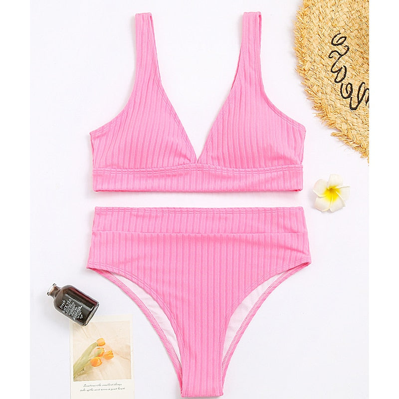 Sunset and Swim Modest Solid High Waist Ribbed Bikini Sunset and Swim Pink S 