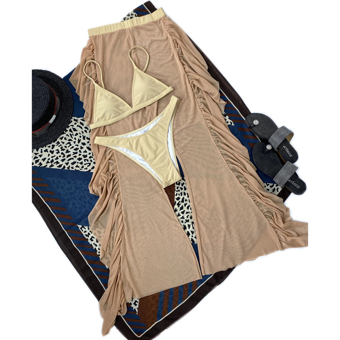 3 Piece Bikini Set with Transparent Mesh Ruffled Beach Cover Up Pants  Sunset and Swim   