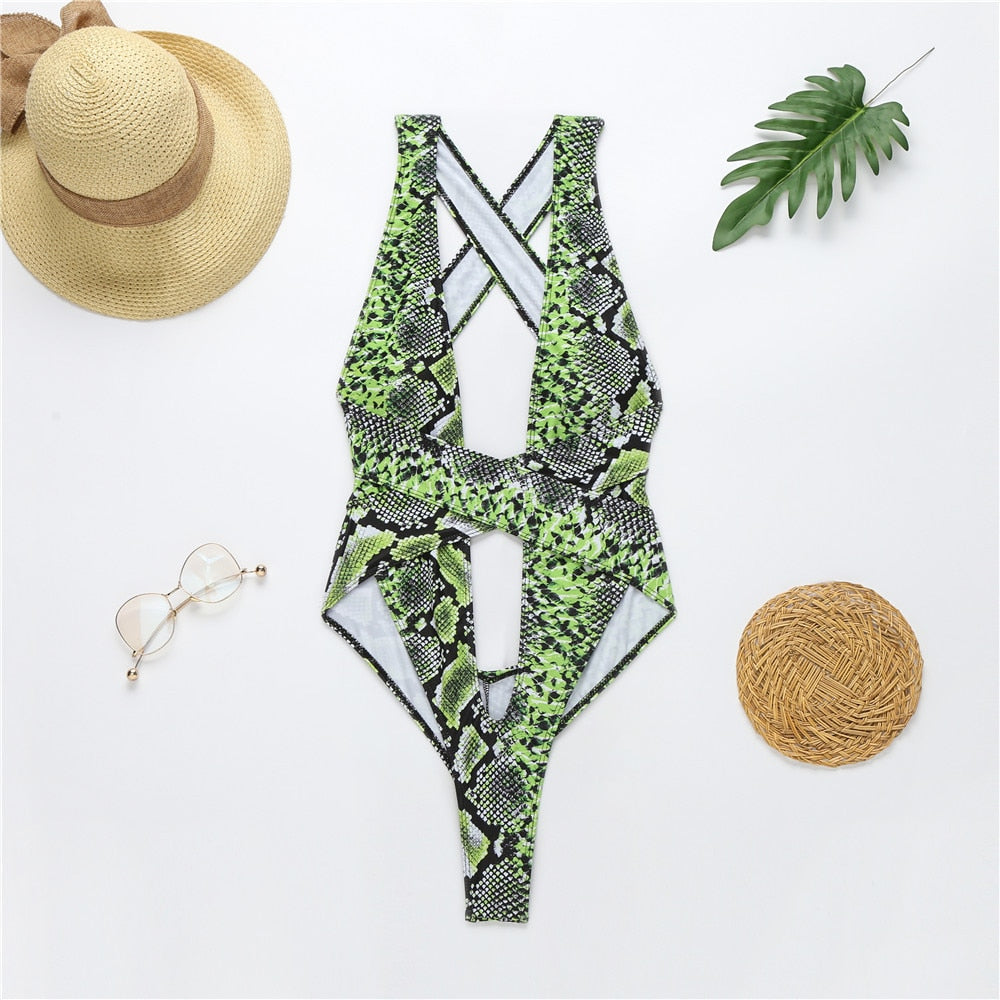Neon Snake Bandage Cut Out Thong Swimsuit  Sunset and Swim   