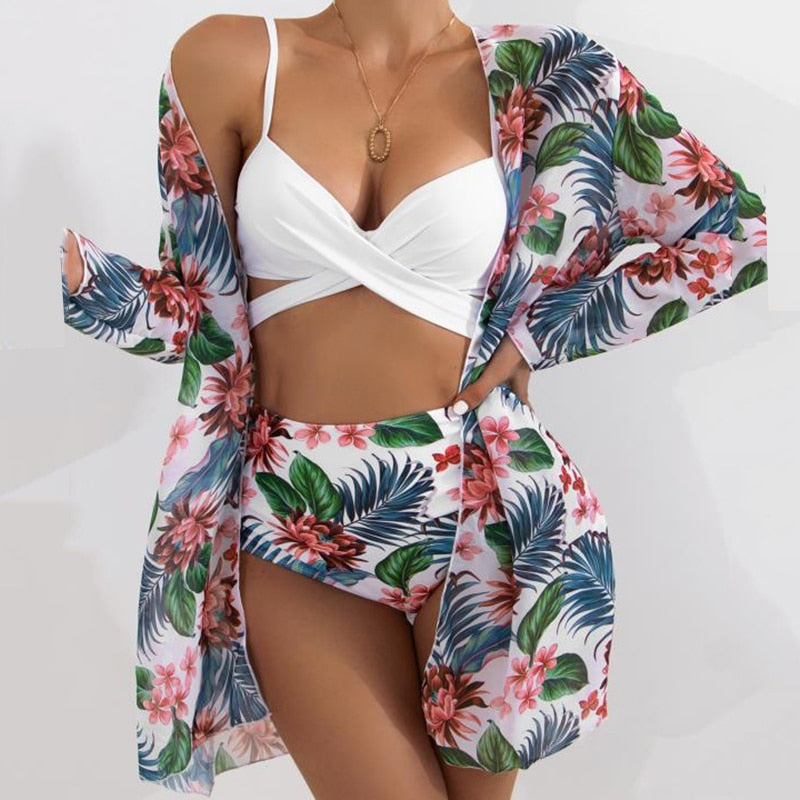 Modest 3 PCS White Floral Swimsuit Push up High Waist Swimwear Cover Up Set  Sunset and Swim   