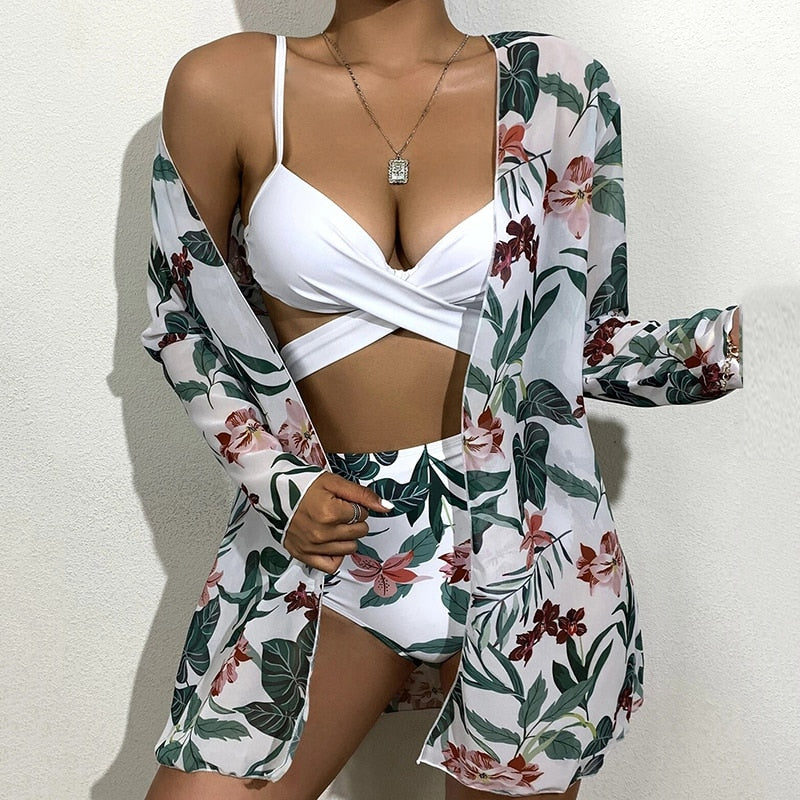 Modest 3 PCS White Floral Swimsuit Push up High Waist Swimwear Cover Up Set  Sunset and Swim B4773WR S 