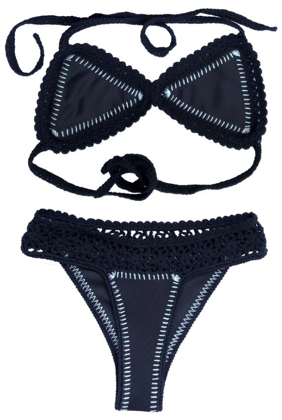 Sun Gaze Premium Halter Triangle Crochet Bikini  Sunset and Swim Black as pic S 