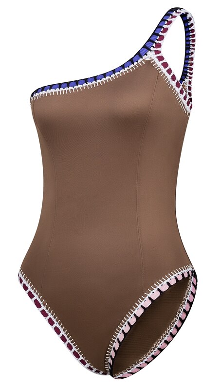 New Arrival Brown Color One Piece Neoprene One Shoulder Swimsuit  Sunset and Swim Brown as pic S 