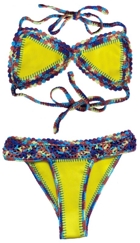 Sun Gaze Premium Halter Triangle Crochet Bikini  Sunset and Swim Yellow as pic S 