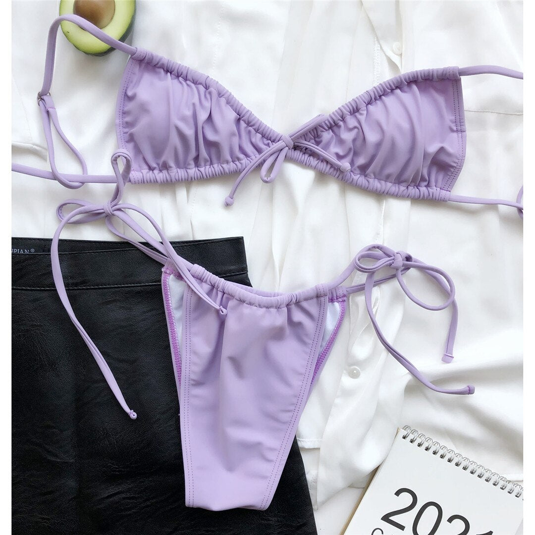 Palm Springs Wrinkled Ruched Brazilian Thong Bikini  Sunset and Swim Purple S 