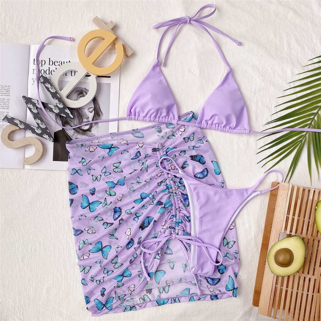 Premium Halter Butterfly Printed Bikini Set With Beach Cover Up Skirt  Sunset and Swim   