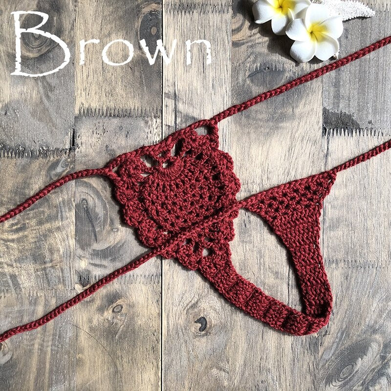 Mini Micro See Through G-strings Crochet Bikini Thongs  Sunset and Swim Brown M 