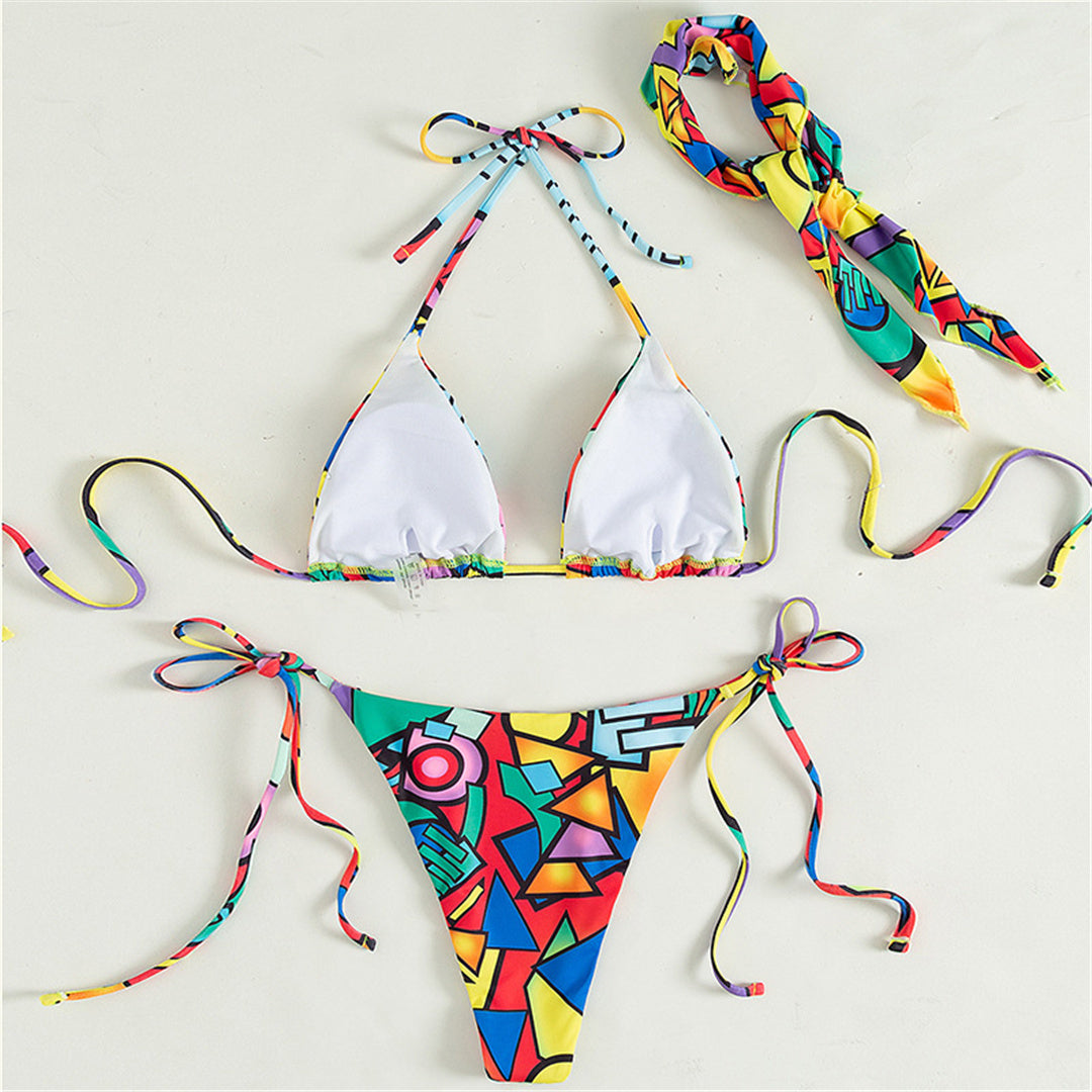 Miami Weekend 3 piece Cheeky Halter Bikini with matching Scarf  Sunset and Swim   
