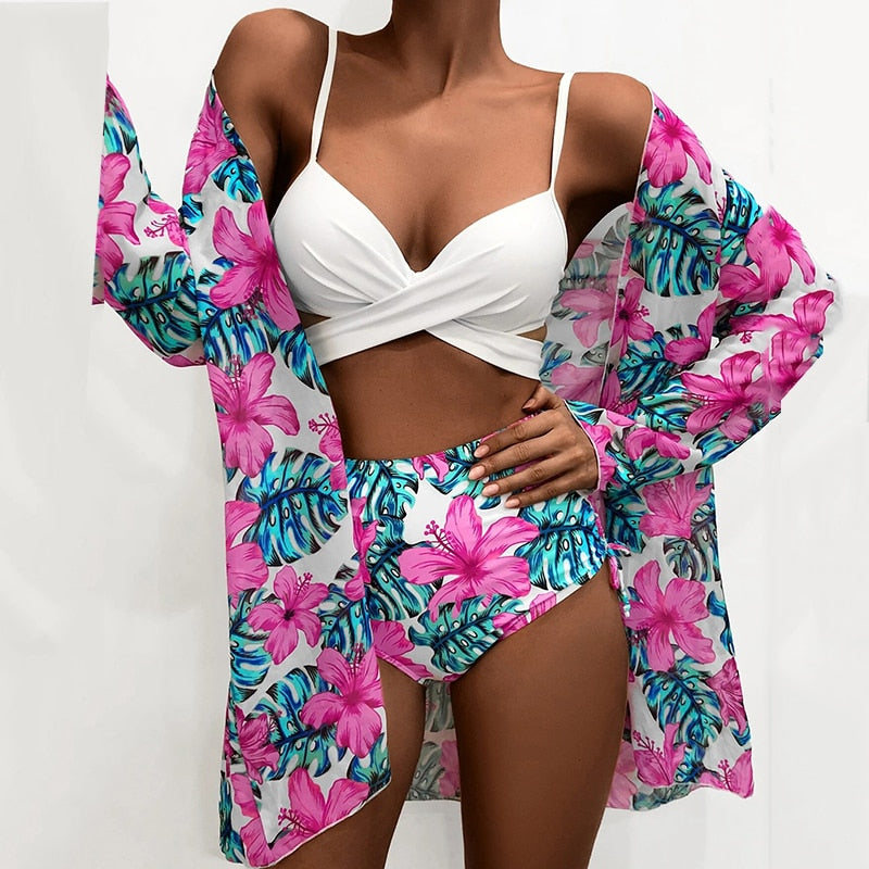 Modest 3 PCS White Floral Swimsuit Push up High Waist Swimwear Cover Up Set  Sunset and Swim B4773PI S 