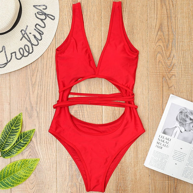 Wrap Around One Piece Cut Out Swimsuit  Sunset and Swim Red S 