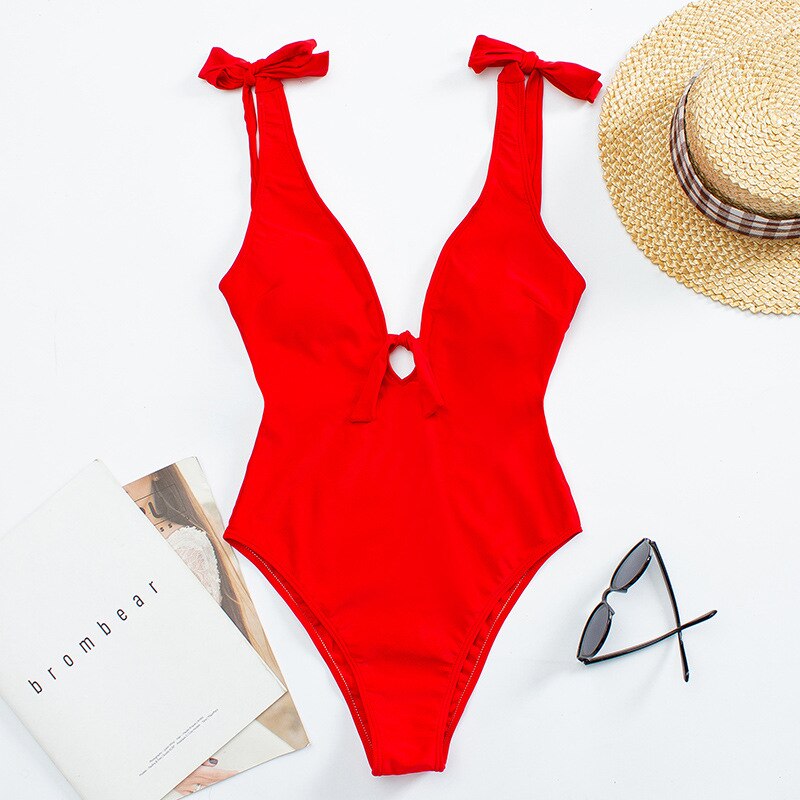 Classic Beautiful Bow Tie Shoulder Swimsuit  Sunset and Swim Red S 
