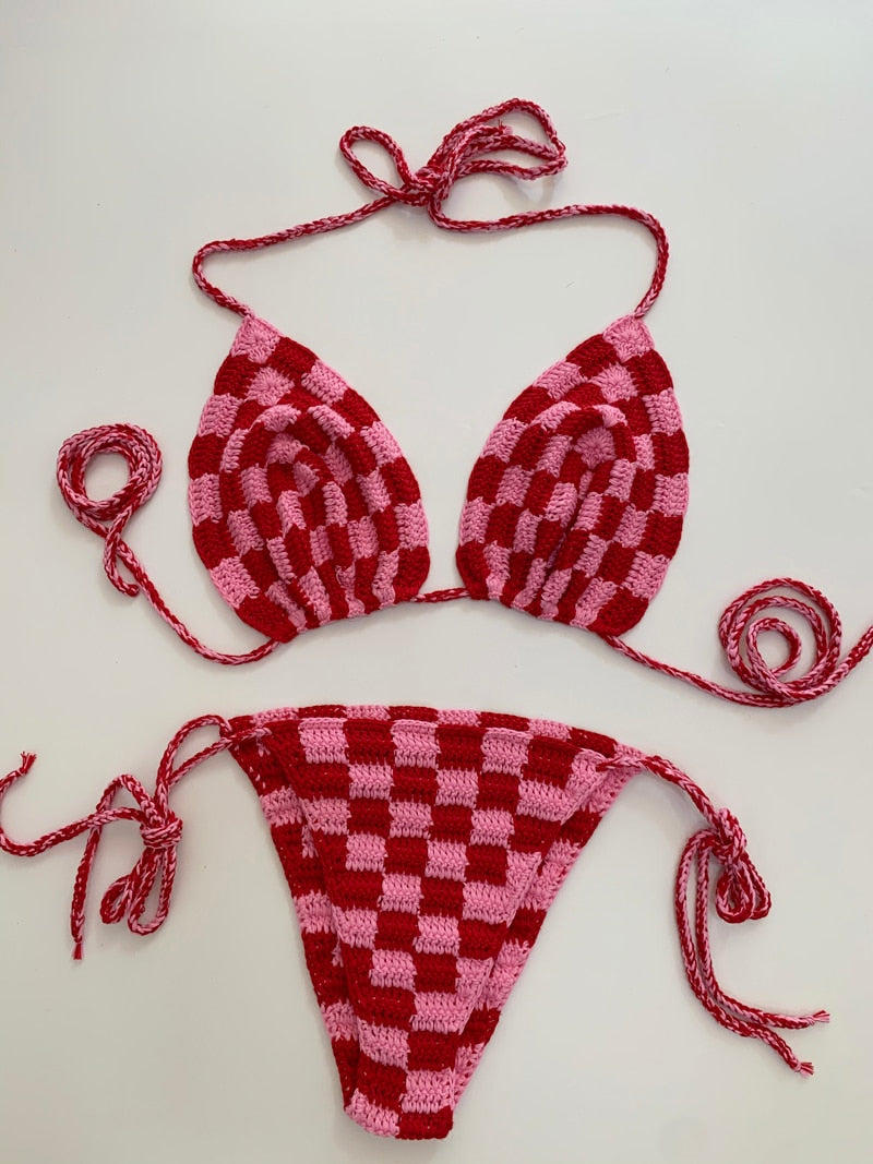 Sunset Goddess Multi Color Checkered Crochet Bikini  Sunset and Swim S  