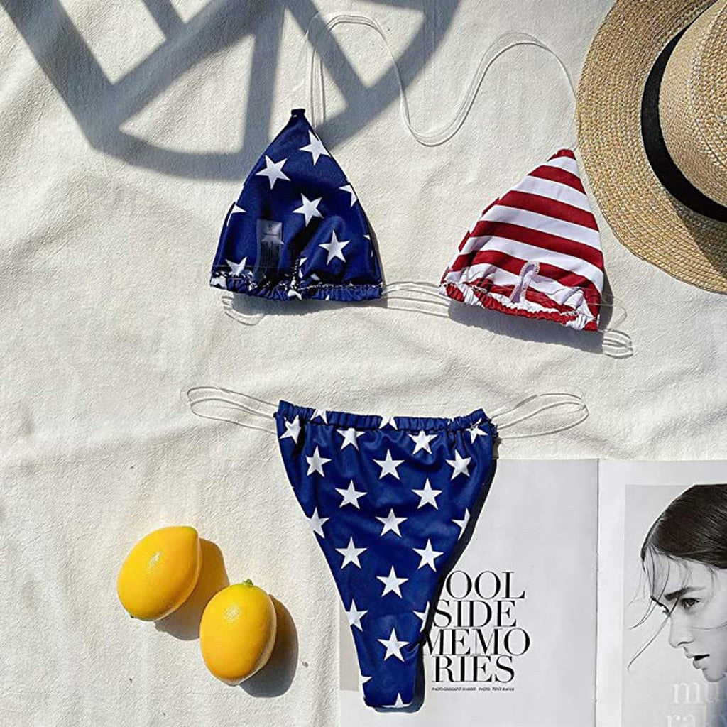 American Flag Transparent Straps Thong High Cut Bikini  Sunset and Swim   
