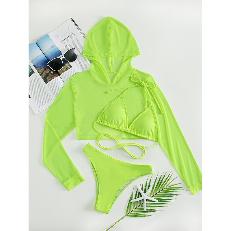 Sexy Neon 3 Piece Bikini set with Cover Up Hoodie Crop Top  Sunset and Swim   