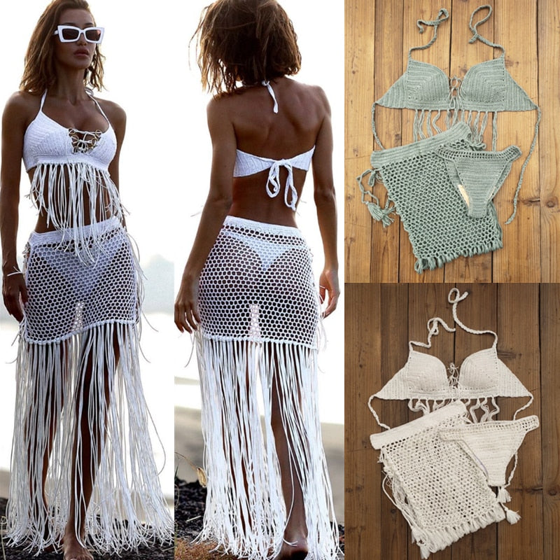 Bohemian Breeze 3-Piece Crochet Bikini Set with Tassel Skirt  Sunset and Swim   