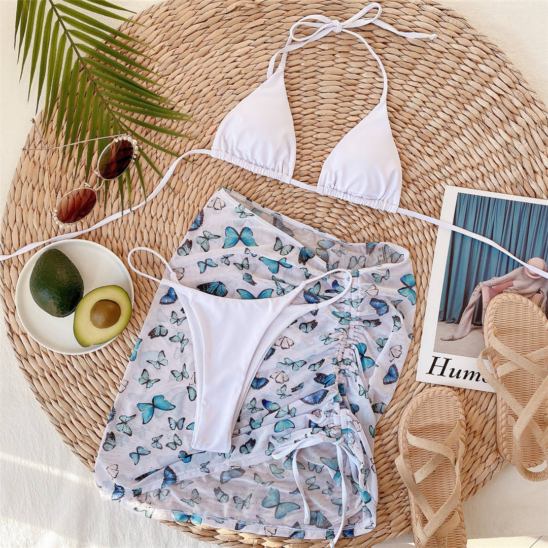 Premium Halter Butterfly Printed Bikini Set With Beach Cover Up Skirt  Sunset and Swim   