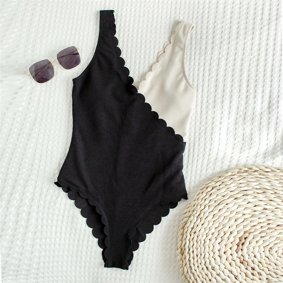 Sexy Scalloped One Piece Swimsuit  Sunset and Swim Black Beige XS 