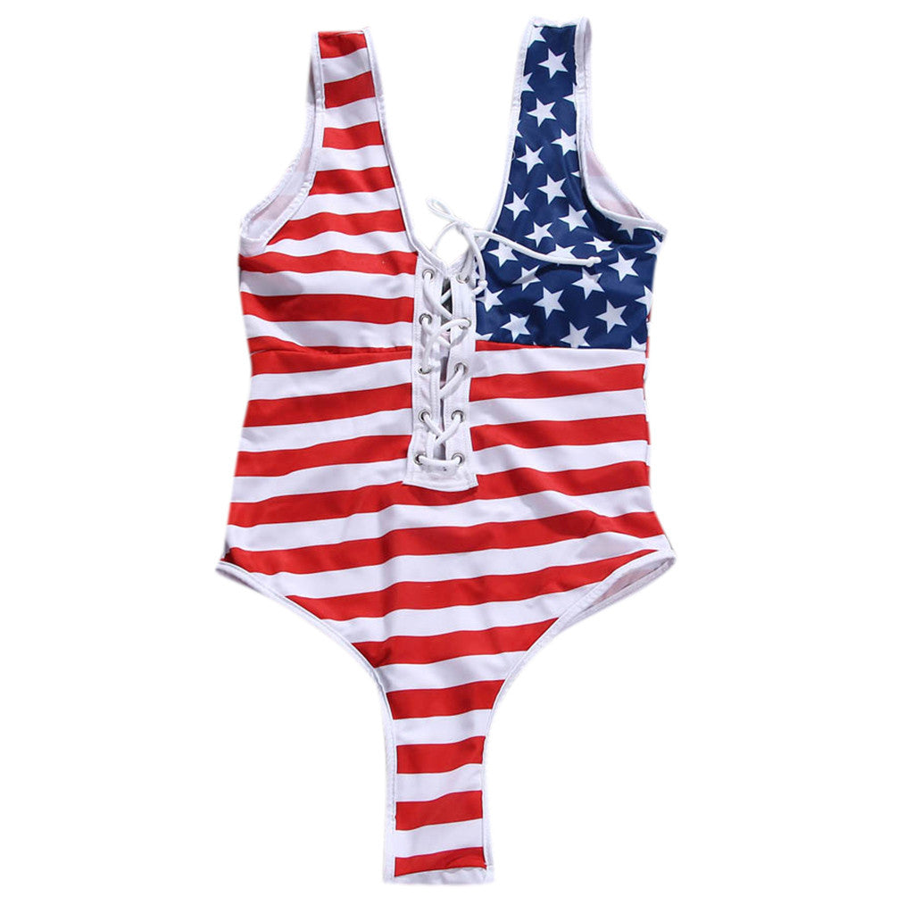Hot American Flag Thong One Piece Lace Up Swimsuit  Sunset and Swim   