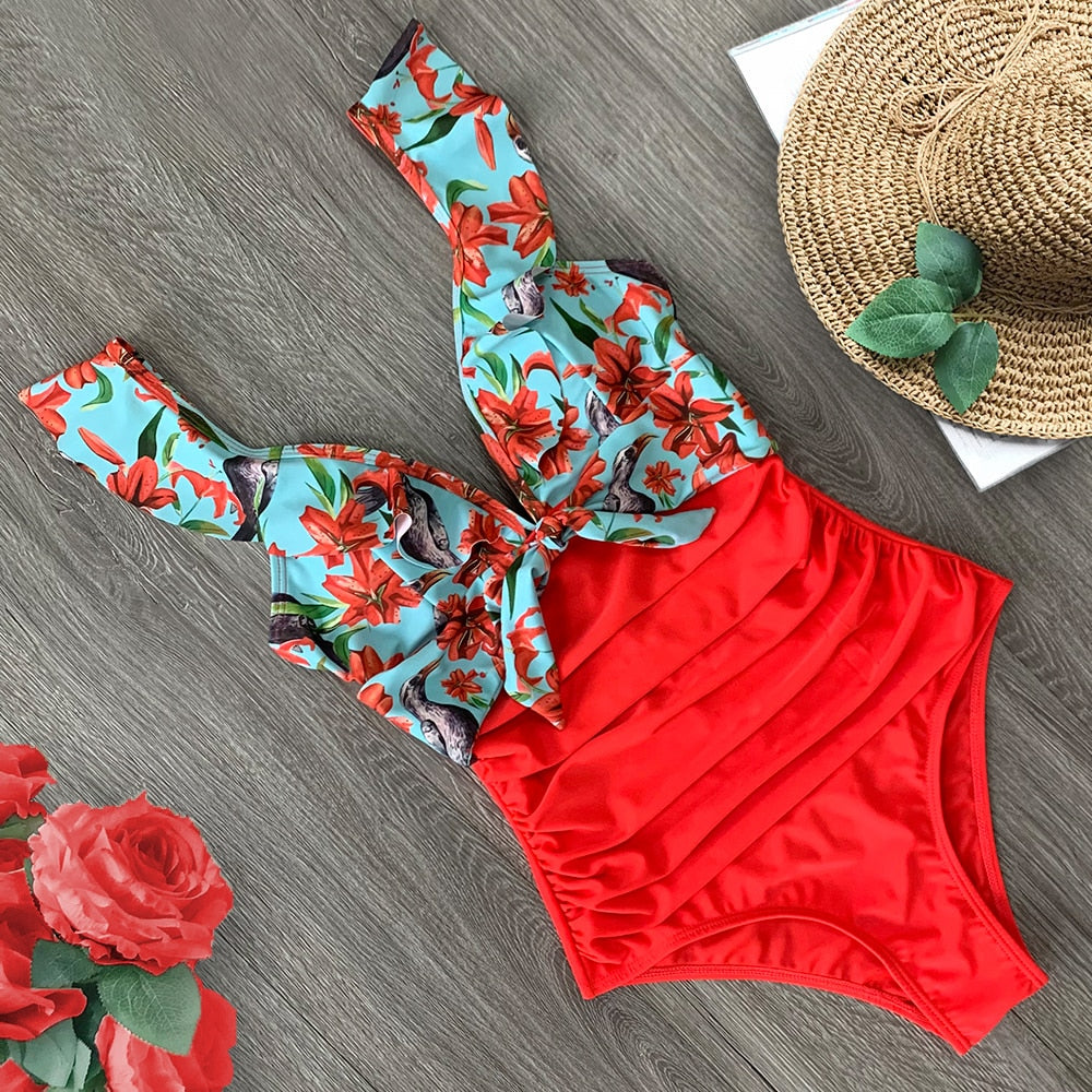 Flirty Elegance Ruffle Ruched Waist One Piece Swimsuit  Sunset and Swim Red S 