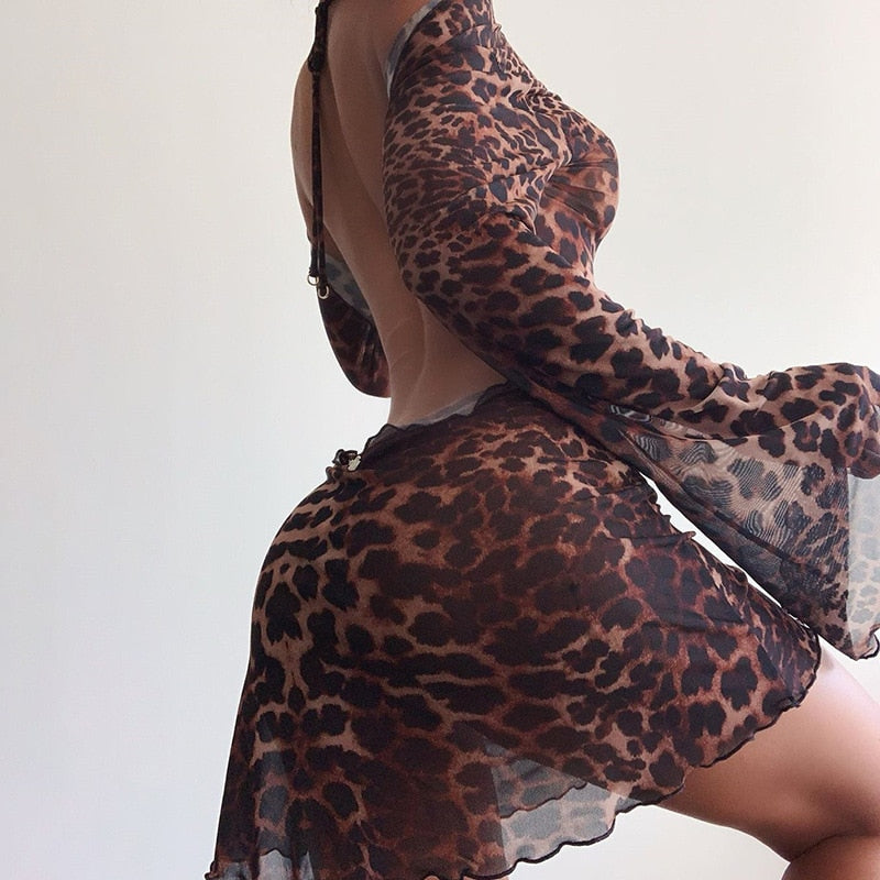 Long Sleeve Mesh Leopard Backless Beach Cover Up Dress  Sunset and Swim   