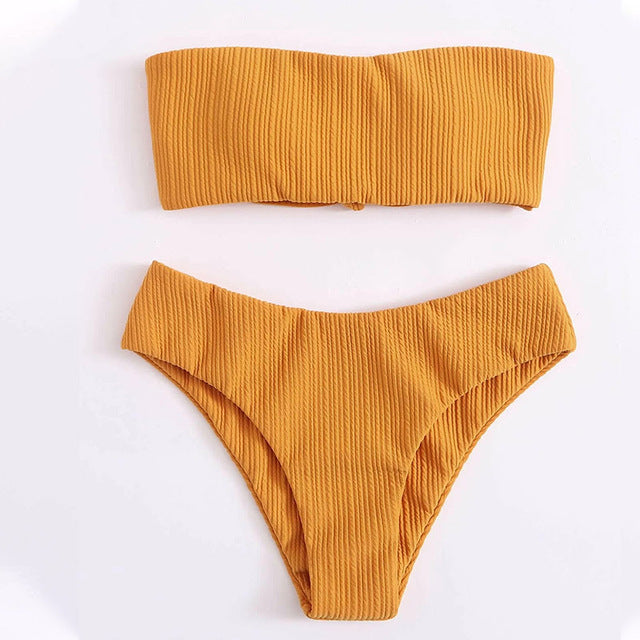 Sunset and Swim Ribbed Tie Back Bandeau Brazilian Bikini  Sunset and Swim Yellow L 