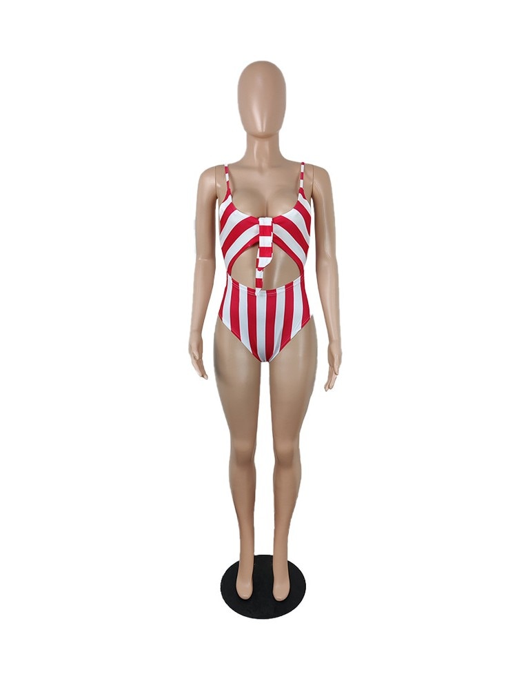 Striped Sensation Cut Out One Piece Bathing Suit  Sunset and Swim Red S 
