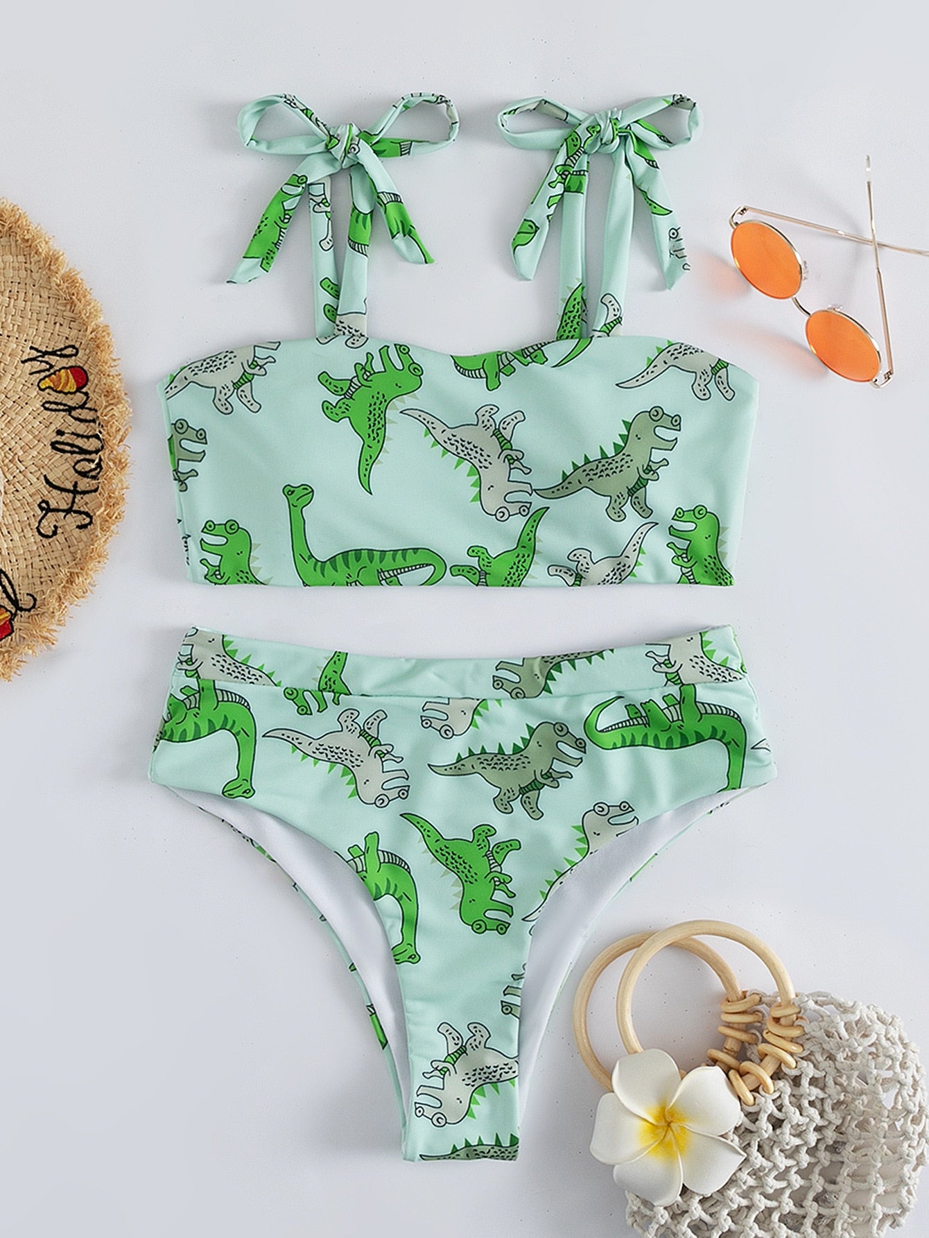 Hear Me Roar - Dinosaur Print High Waist Bikini Sunset and Swim Green S 