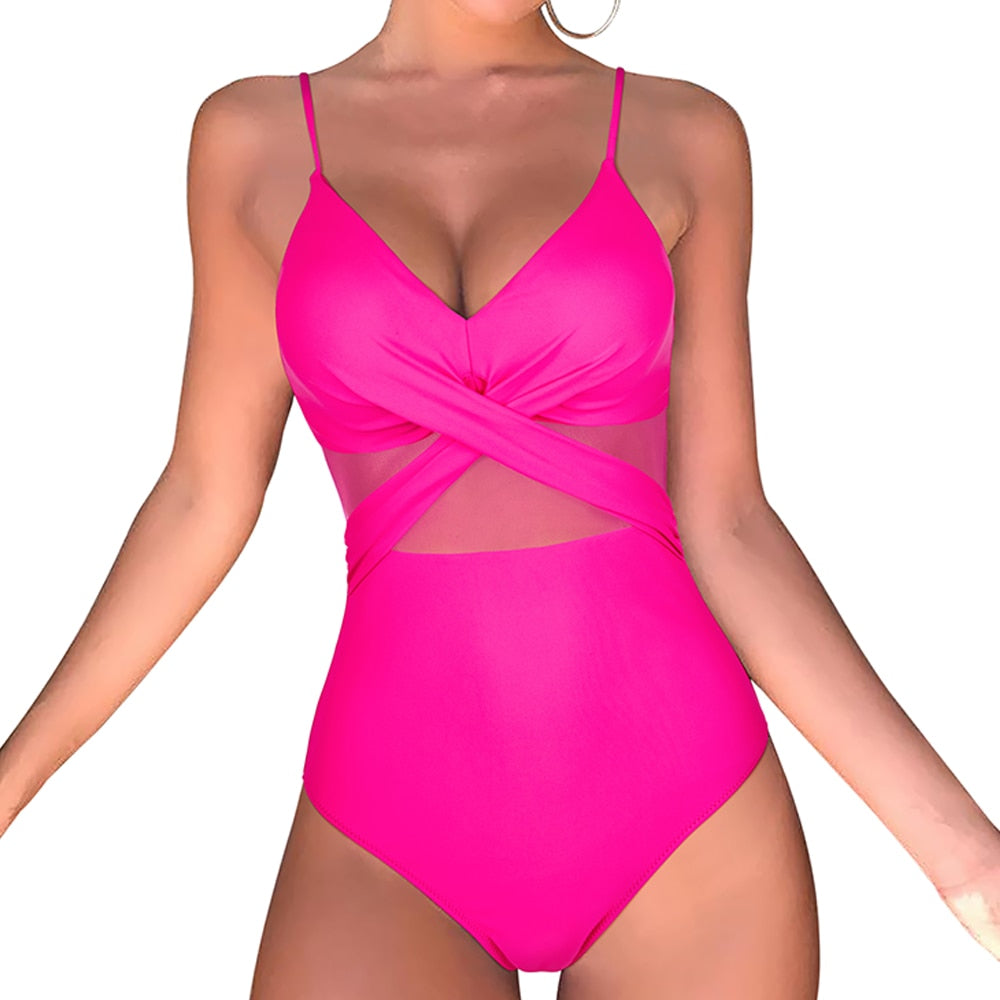 Solid One Piece Tummy Slimming Design Swimsuit  Sunset and Swim Pink S 